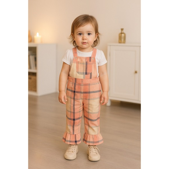 Toddler Pink Plaid Ruffle Overalls • Girls 4Y • Adjustable Straps • (Runs Small) - Picture 3 of 4